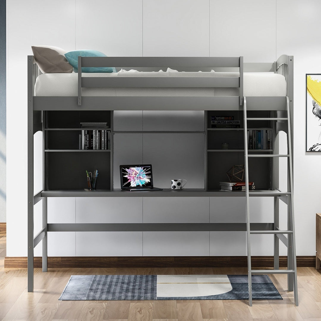 Gray Twin Size Loft Bed with Desk and Shelves Image 2