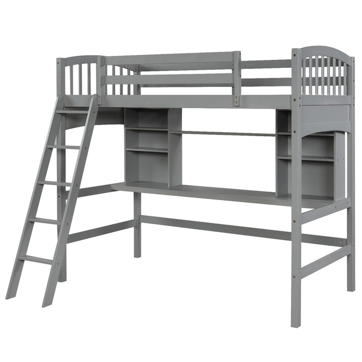 Gray Twin Size Loft Bed with Desk and Shelves Image 3