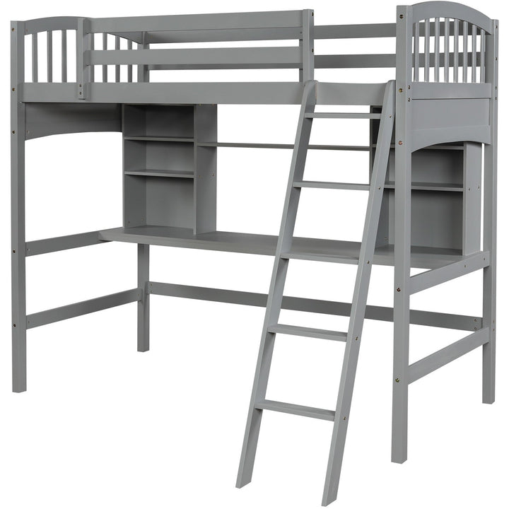 Gray Twin Size Loft Bed with Desk and Shelves Image 4