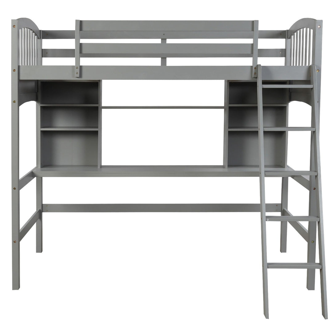 Gray Twin Size Loft Bed with Desk and Shelves Image 5