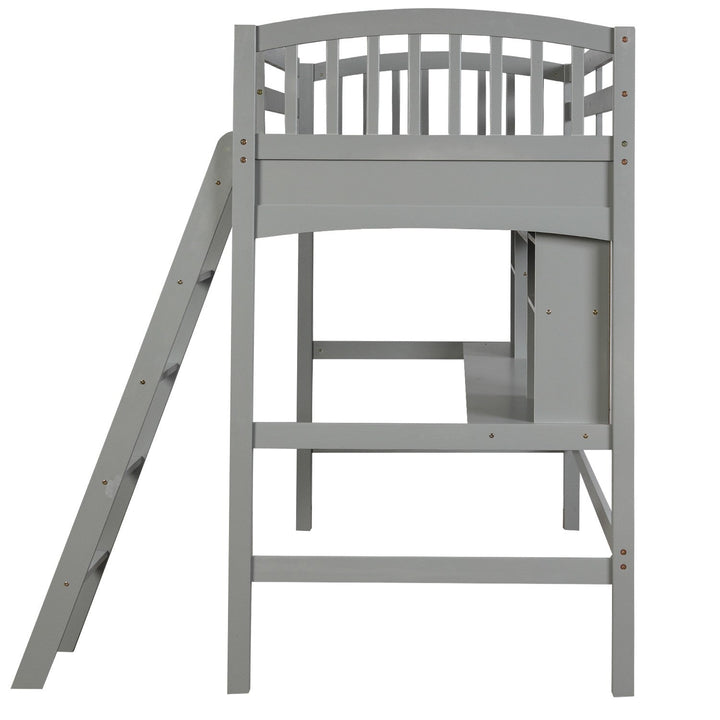 Gray Twin Size Loft Bed with Desk and Shelves Image 6