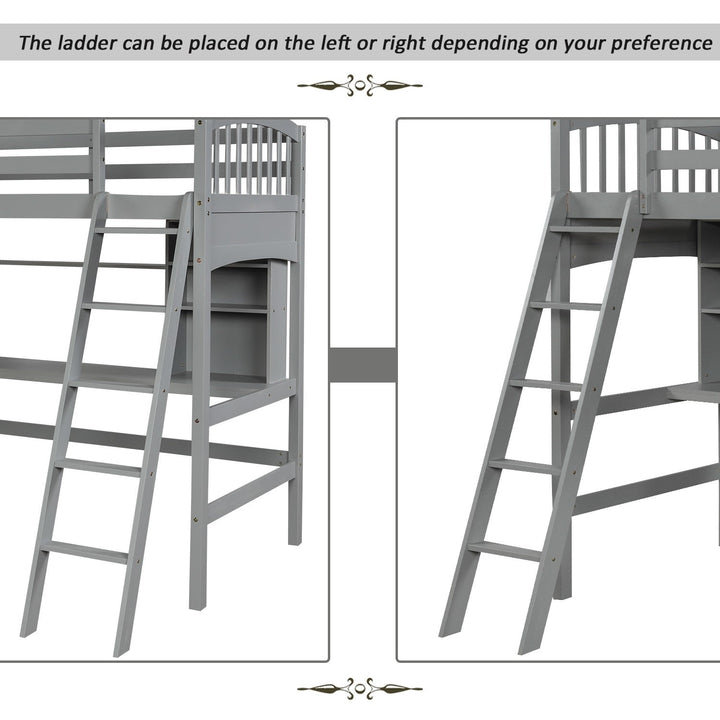 Gray Twin Size Loft Bed with Desk and Shelves Image 7