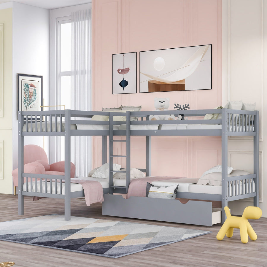 Gray Twin Size L Shaped Double Bunk Bed with Drawer Image 1