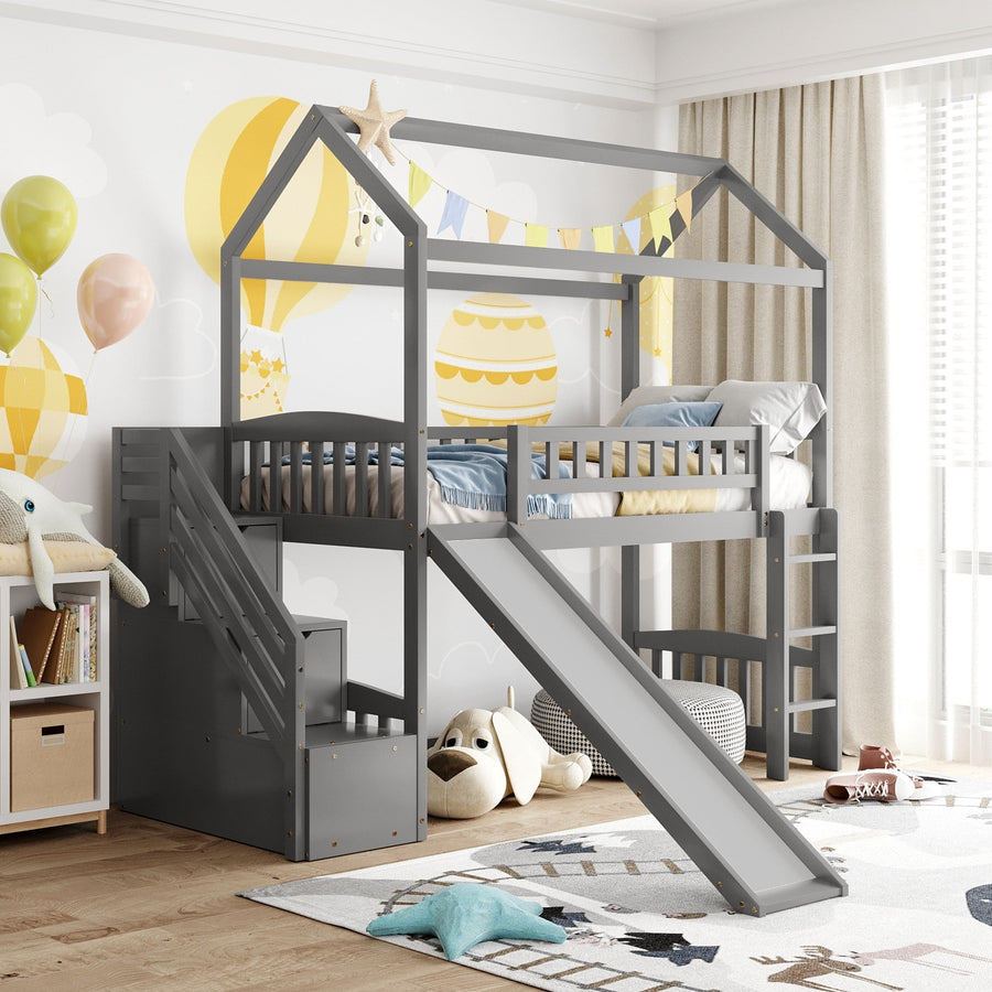 Gray Twin Size Playhouse Loft Bed With Drawers and Slide Image 1