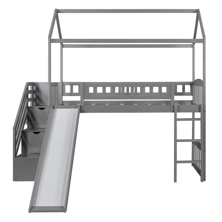 Gray Twin Size Playhouse Loft Bed With Drawers and Slide Image 4