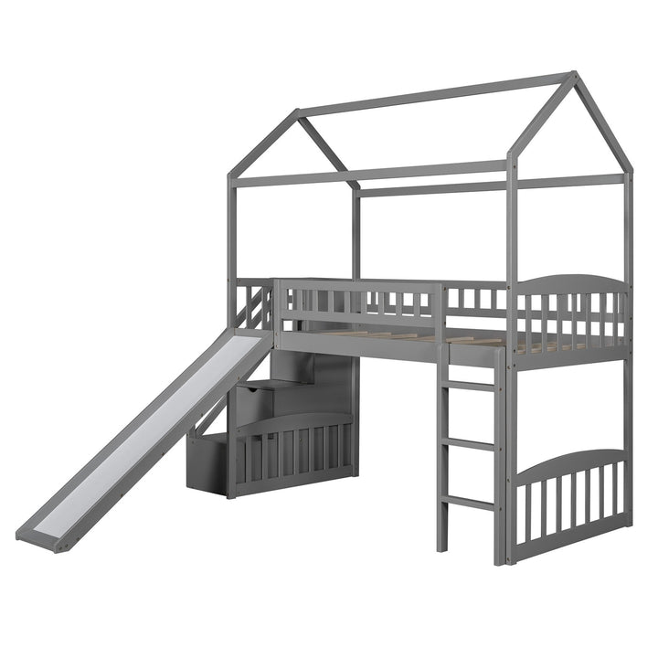 Gray Twin Size Playhouse Loft Bed With Drawers and Slide Image 5