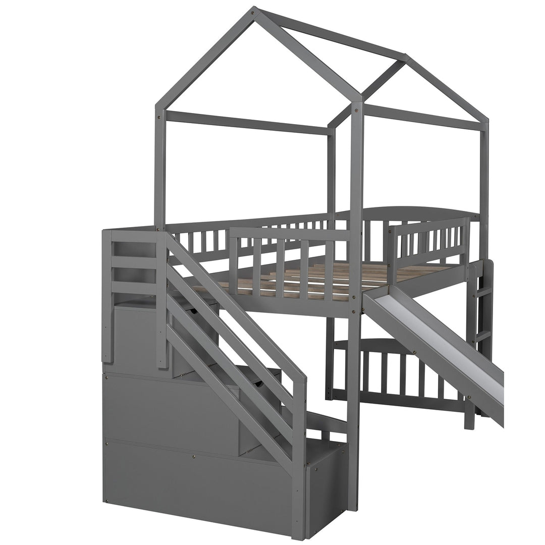 Gray Twin Size Playhouse Loft Bed With Drawers and Slide Image 6