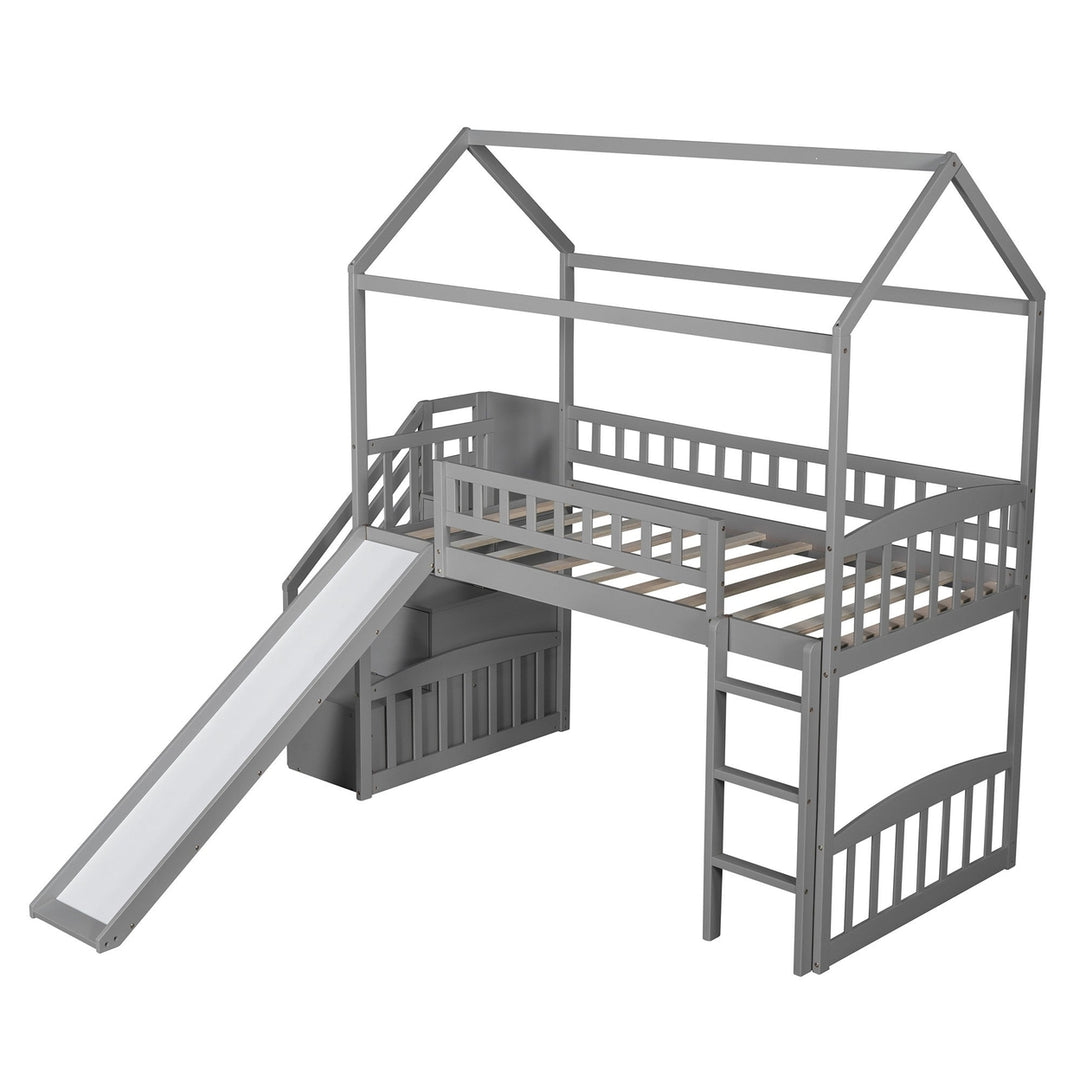 Gray Twin Size Playhouse Loft Bed With Drawers and Slide Image 9