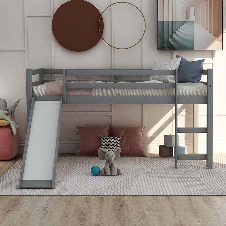 Gray Twin Size Low Loft Bed With Slide Image 1