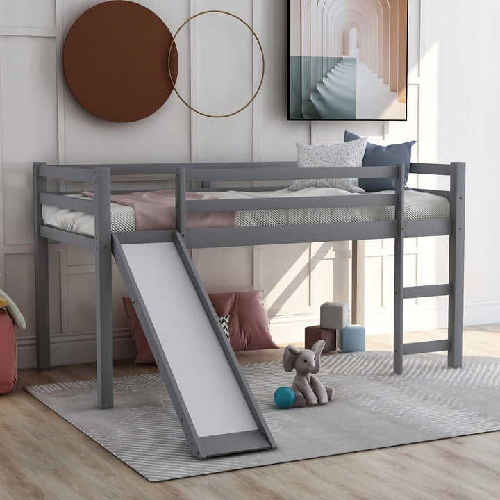 Gray Twin Size Low Loft Bed With Slide Image 2