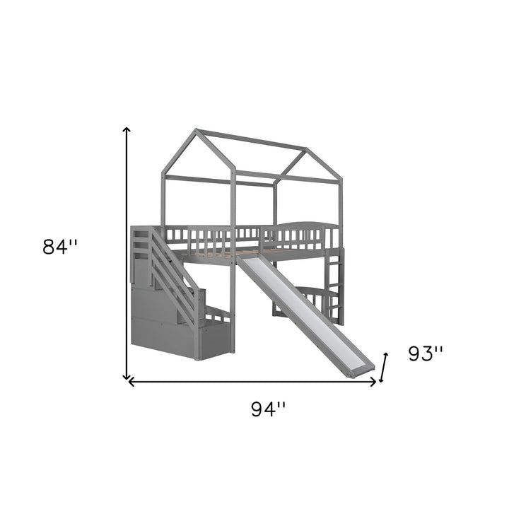 Gray Twin Size Playhouse Loft Bed With Drawers and Slide Image 10