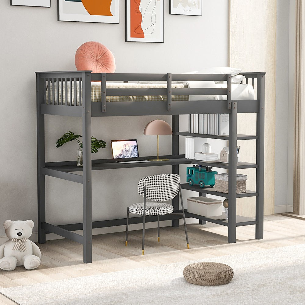 Gray Twin Size Wood Loft Bed with Storage Shelves and Desk Image 1