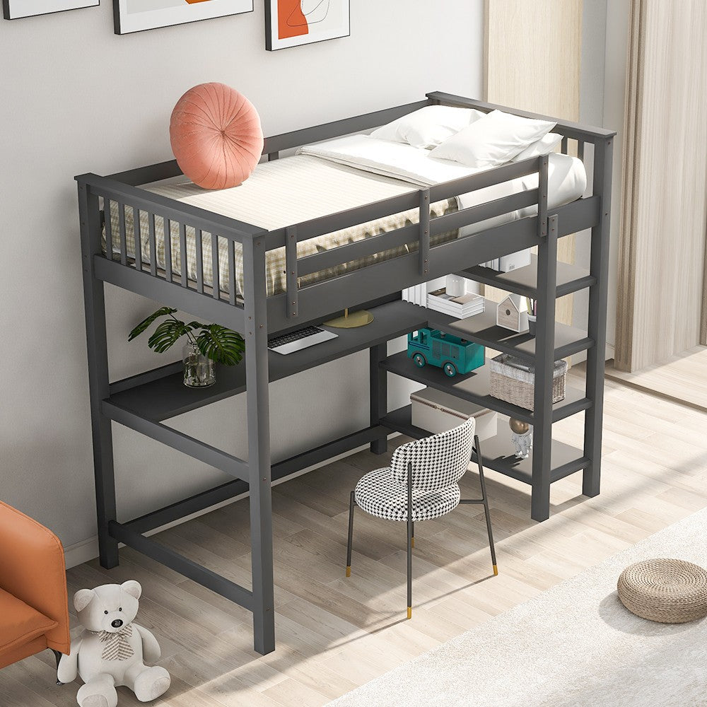 Gray Twin Size Wood Loft Bed with Storage Shelves and Desk Image 2