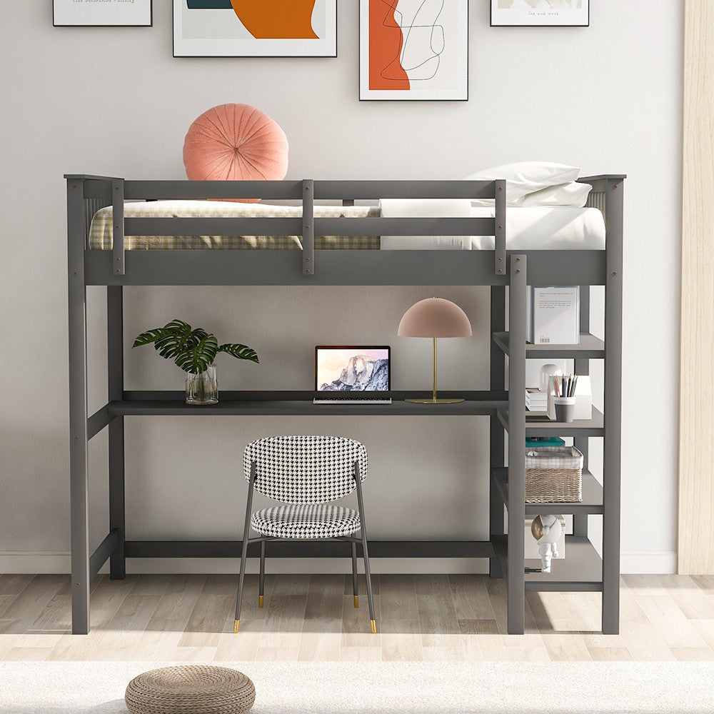 Gray Twin Size Wood Loft Bed with Storage Shelves and Desk Image 3