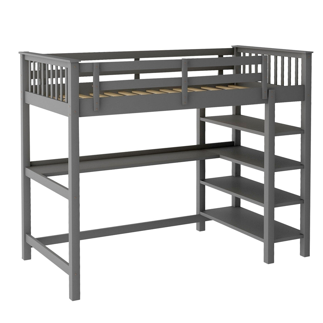 Gray Twin Size Wood Loft Bed with Storage Shelves and Desk Image 4