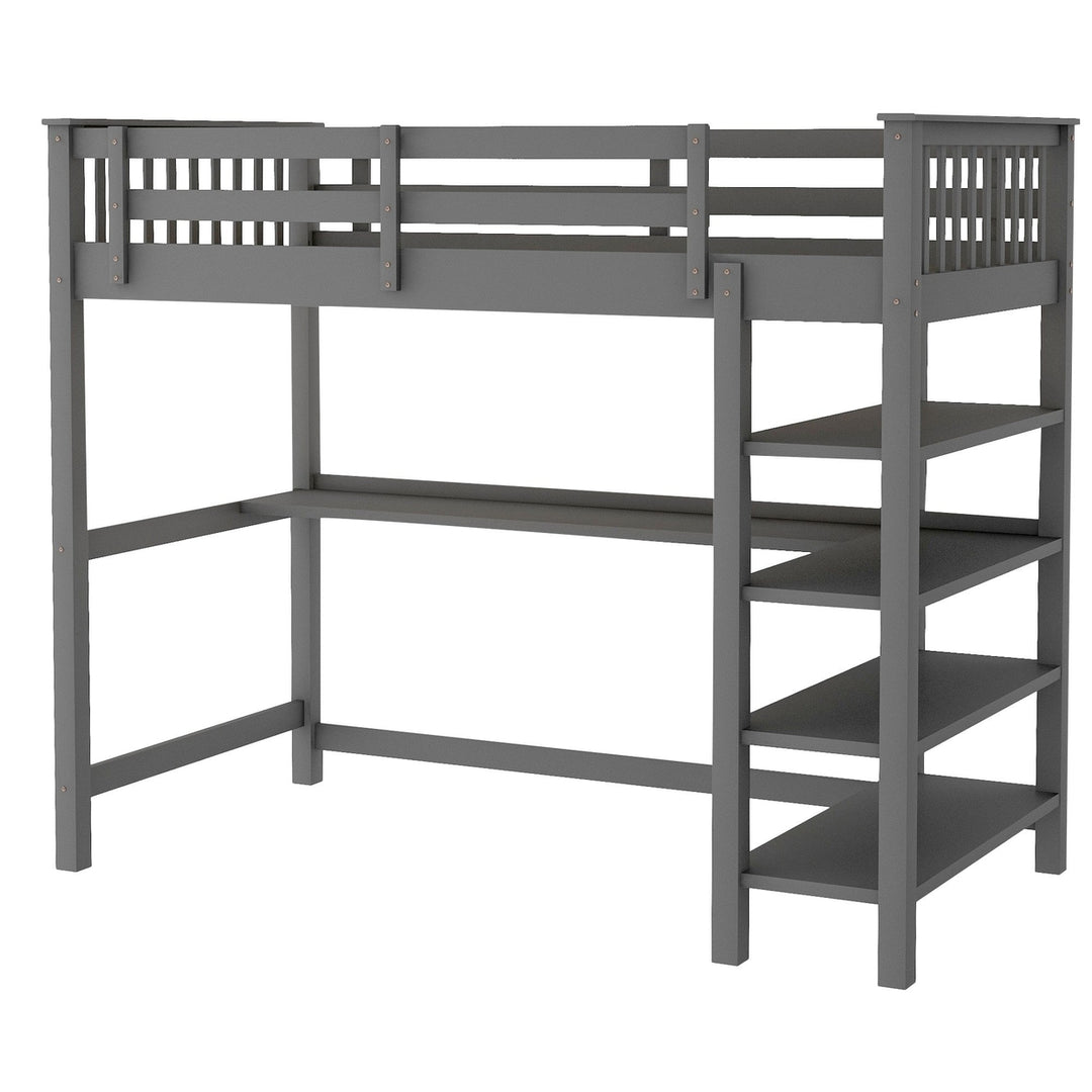 Gray Twin Size Wood Loft Bed with Storage Shelves and Desk Image 5