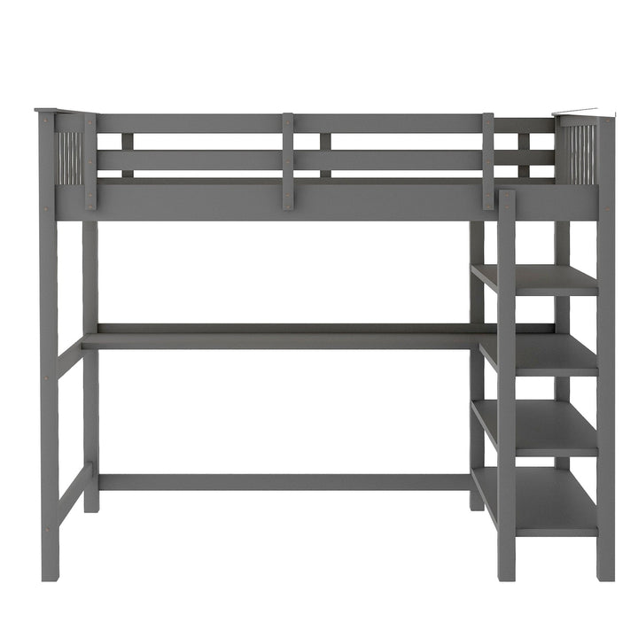 Gray Twin Size Wood Loft Bed with Storage Shelves and Desk Image 6