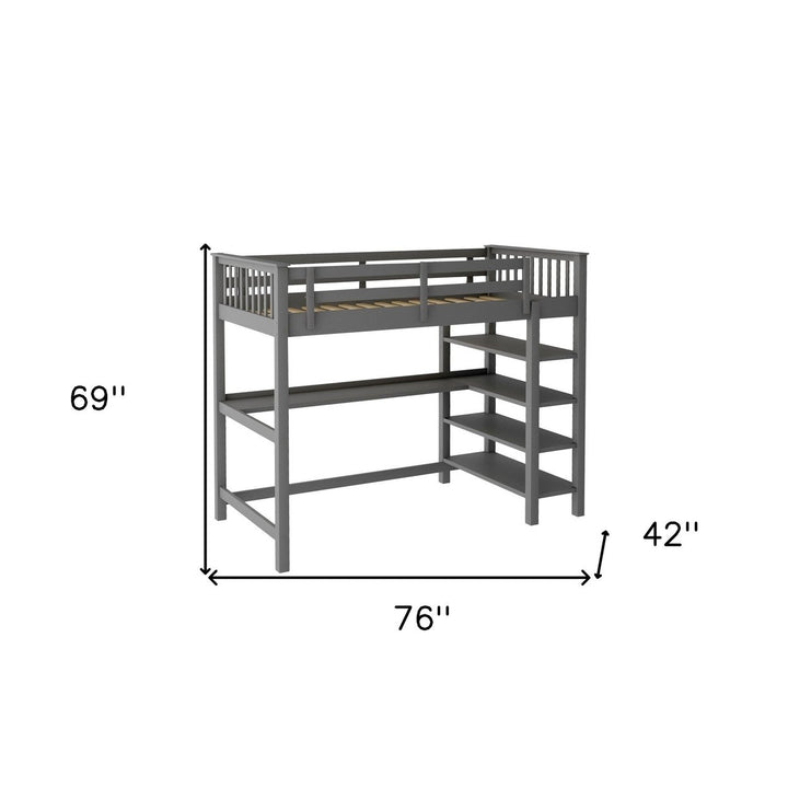 Gray Twin Size Wood Loft Bed with Storage Shelves and Desk Image 9