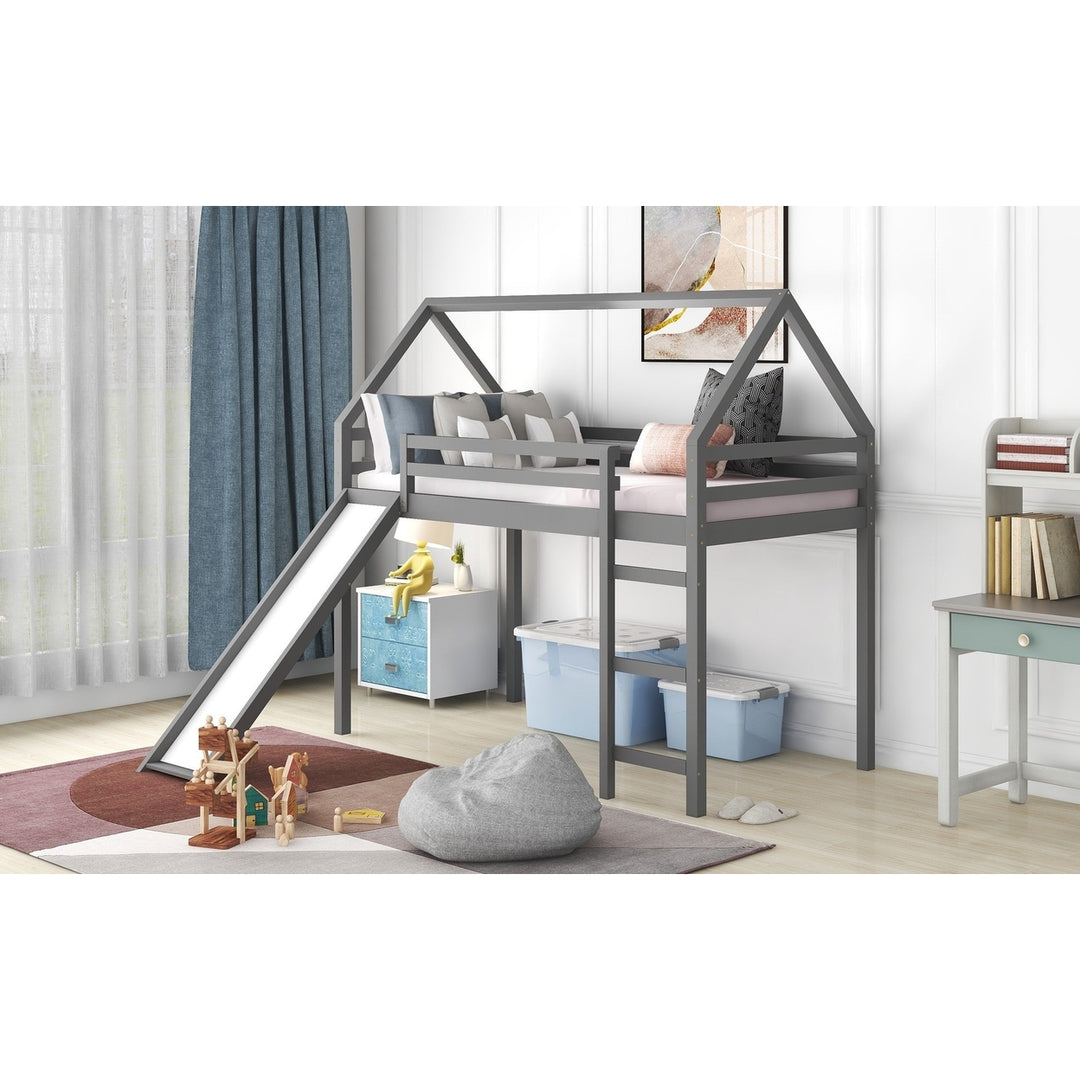 Gray Twin Size Slide House Loft Bed Image 3