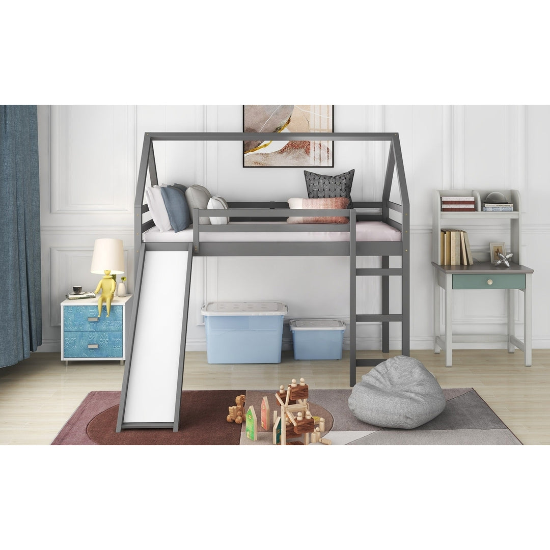 Gray Twin Size Slide House Loft Bed Image 4