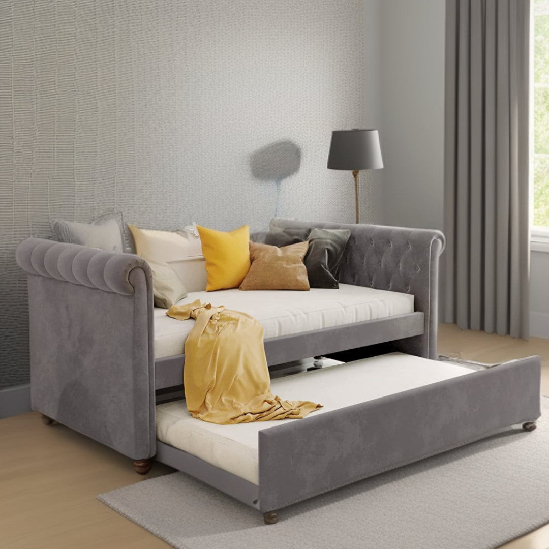 Gray Twin Tufted Upholstered Polyester Blend Bed with Trundle Image 9