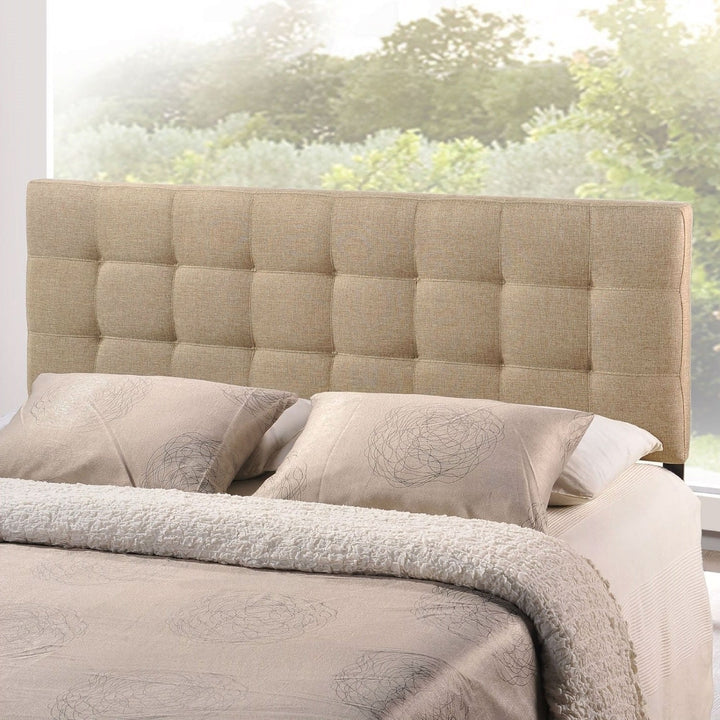 King size Beige Fabric Upholstered Mid-Century Style Headboard Image 2