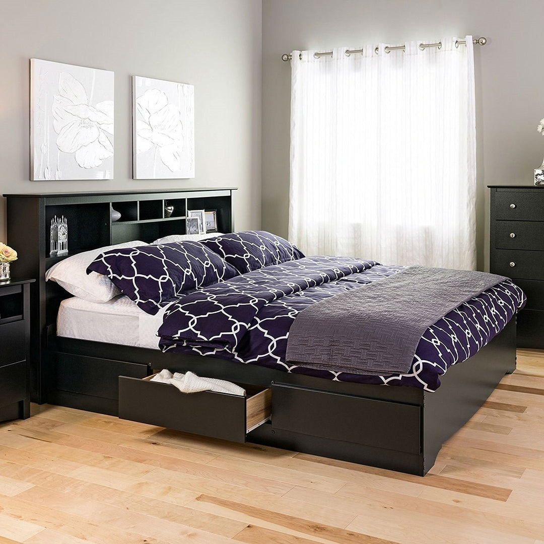 King size Black Wood Platform Bed Frame with Storage Drawers Image 2