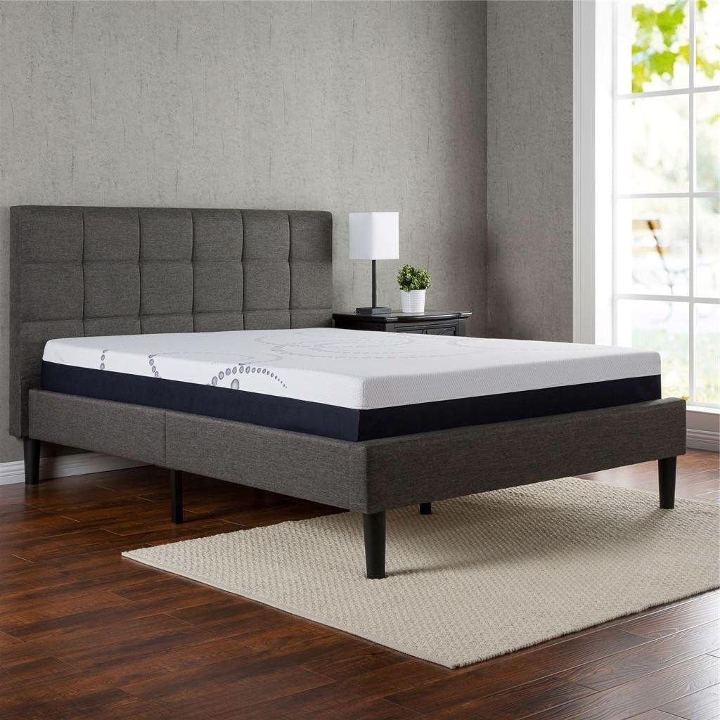 King size Dark Grey Upholstered Platform Bed with Headboard Image 3