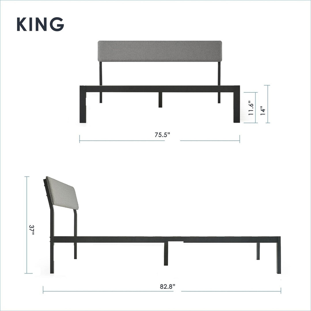 King Size Grey Soft Fabric Metal Headboard Platform Bed Wooden Slats Image 2