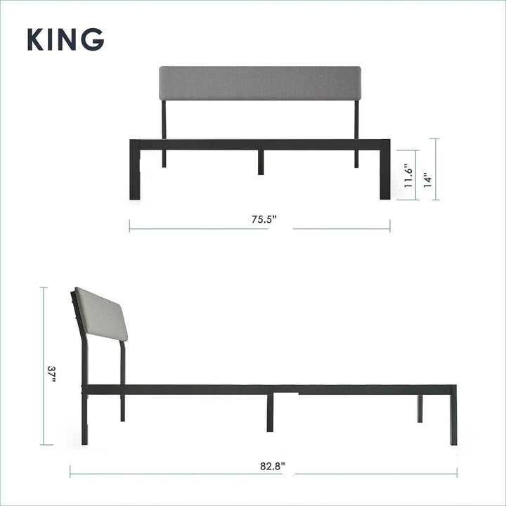 King Size Grey Soft Fabric Metal Headboard Platform Bed Wooden Slats Image 2