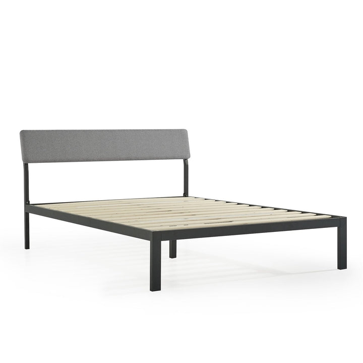 King Size Grey Soft Fabric Metal Headboard Platform Bed Wooden Slats Image 3