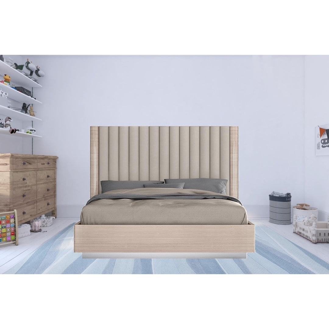 King Size High Gloss Beige Upholstered Channeled Headboard Bed Frame Image 9