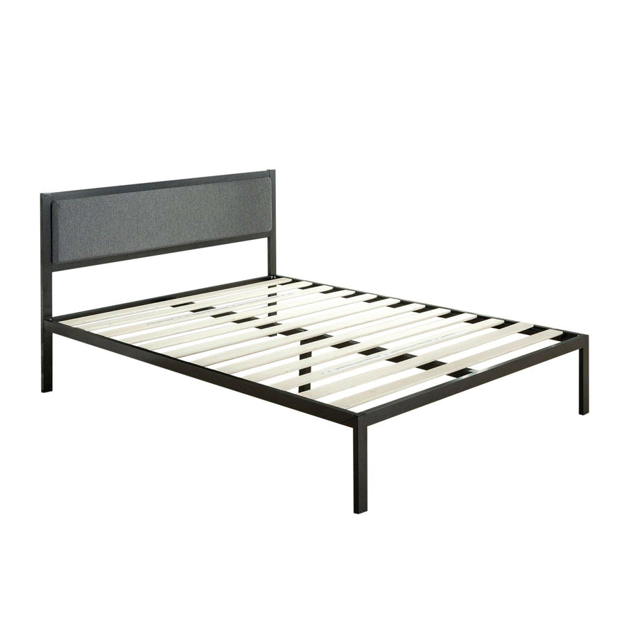 King size Metal Platform Bed Frame with Wood Slats and Upholstered Headboard Image 1