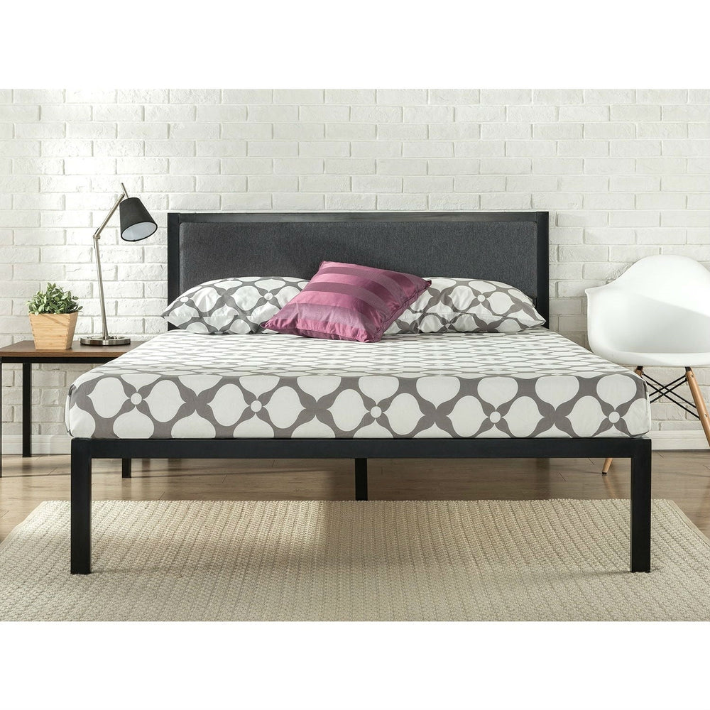 King size Metal Platform Bed Frame with Wood Slats and Upholstered Headboard Image 2