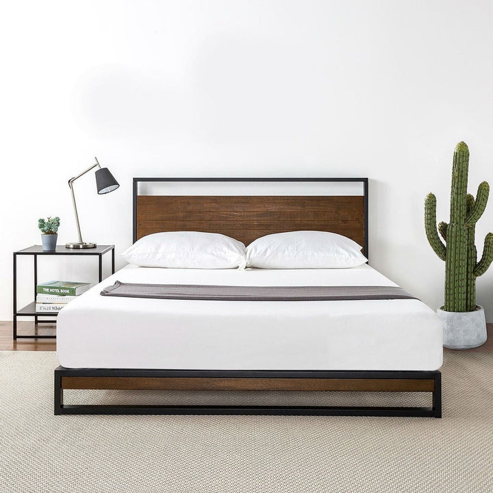 King size Metal Wood Platform Bed Frame with Headboard Image 3