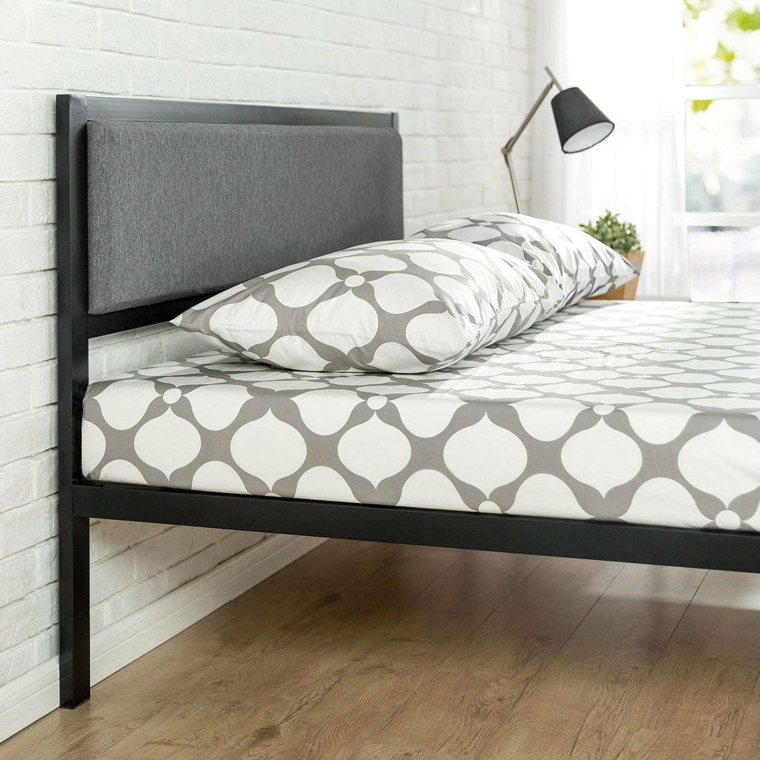 King size Metal Platform Bed Frame with Wood Slats and Upholstered Headboard Image 3