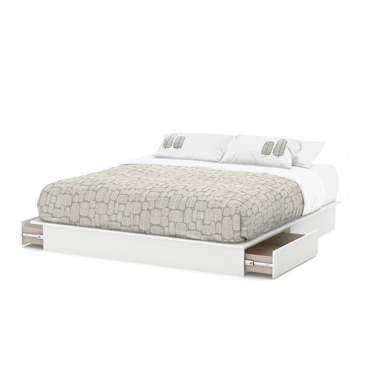 King size Modern Platform Bed with Storage Drawers in White Finish Image 1