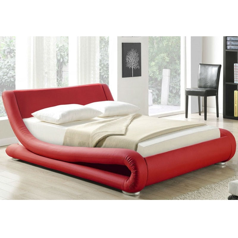 King size Modern Red Faux Leather Upholstered Platform Bed with Curved Headboard Image 1