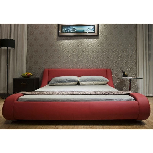 King size Modern Red Faux Leather Upholstered Platform Bed with Curved Headboard Image 2