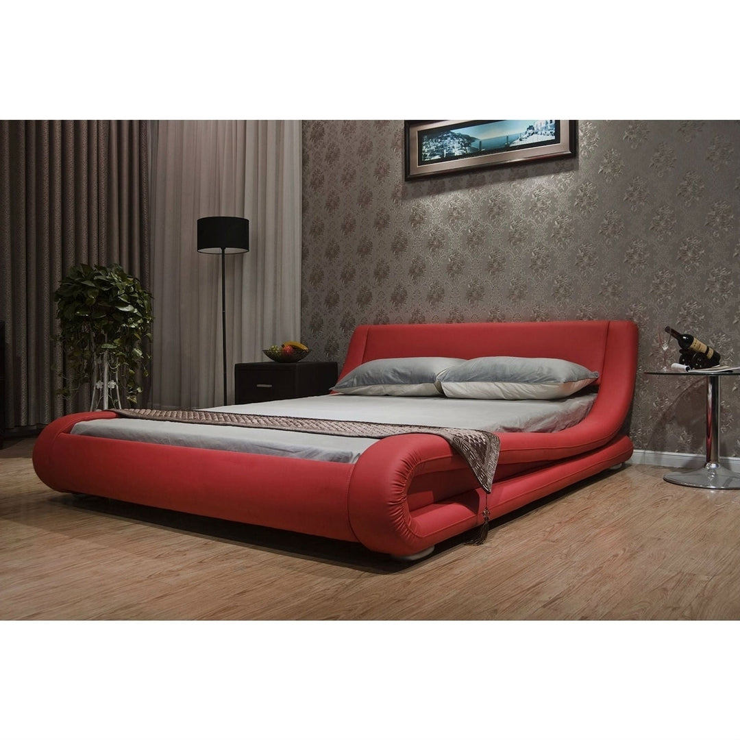 King size Modern Red Faux Leather Upholstered Platform Bed with Curved Headboard Image 3