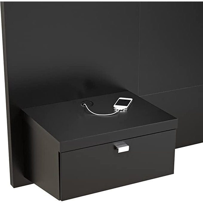 King size Modern Wall Mounted Floating Headboard with Nightstands in Black Image 2