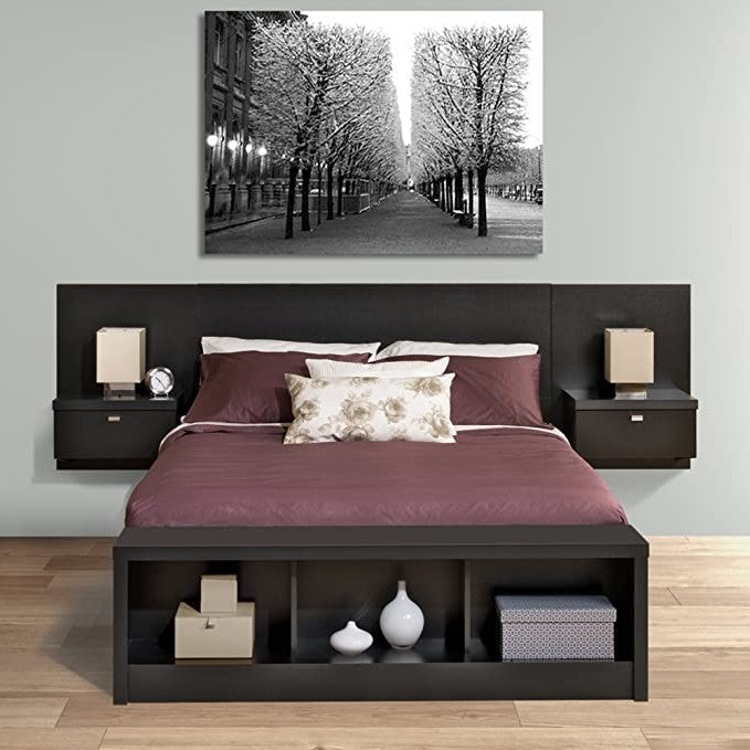 King size Modern Wall Mounted Floating Headboard with Nightstands in Black Image 3