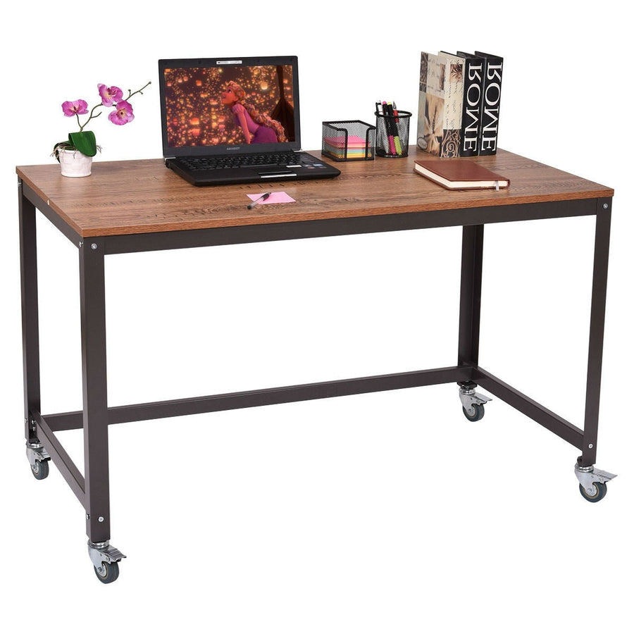 Industrial Modern Steel Frame Wood Top Computer Desk with Locking Wheels Image 1