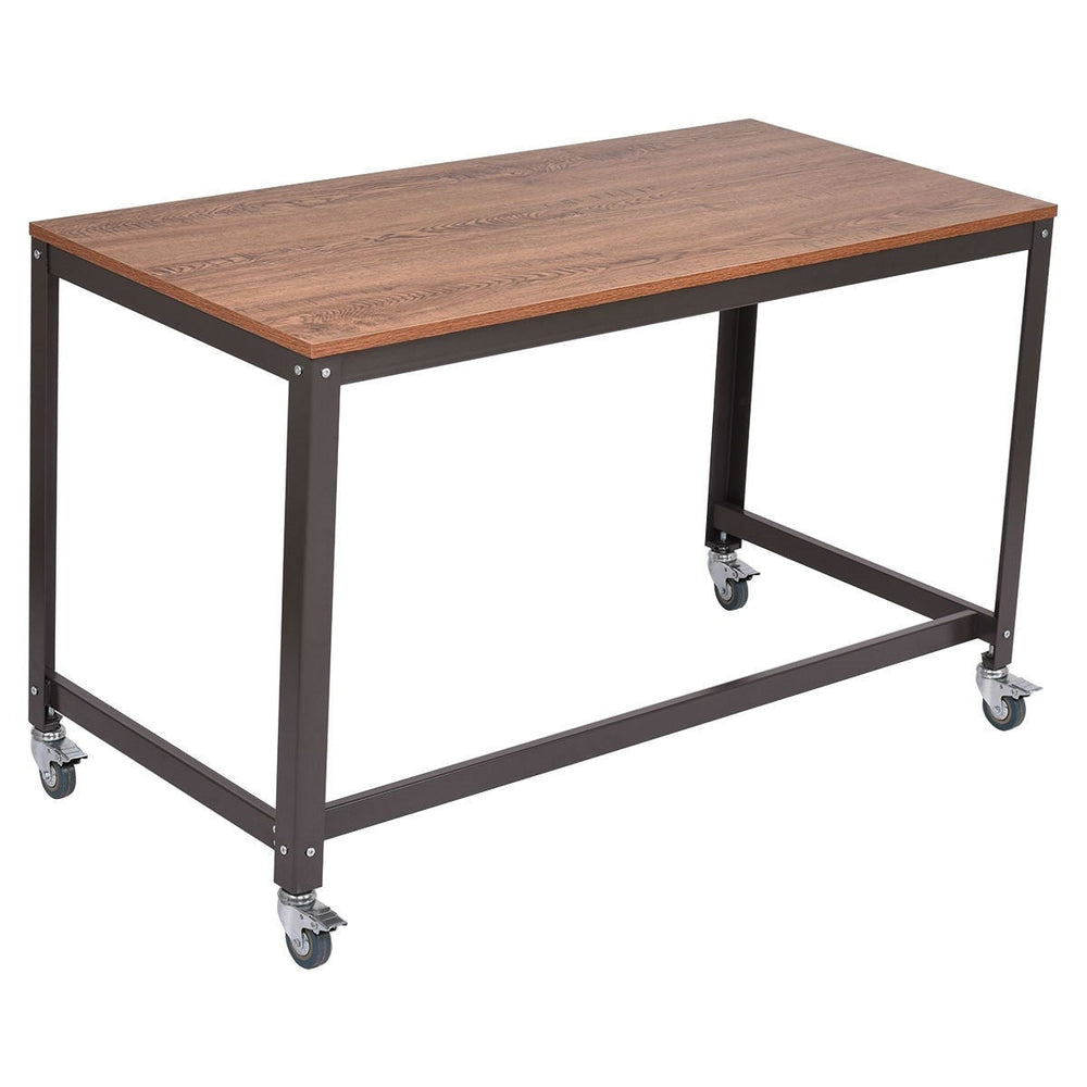 Industrial Modern Steel Frame Wood Top Computer Desk with Locking Wheels Image 2