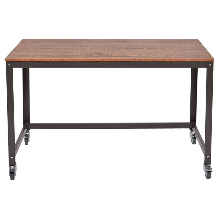 Industrial Modern Steel Frame Wood Top Computer Desk with Locking Wheels Image 3