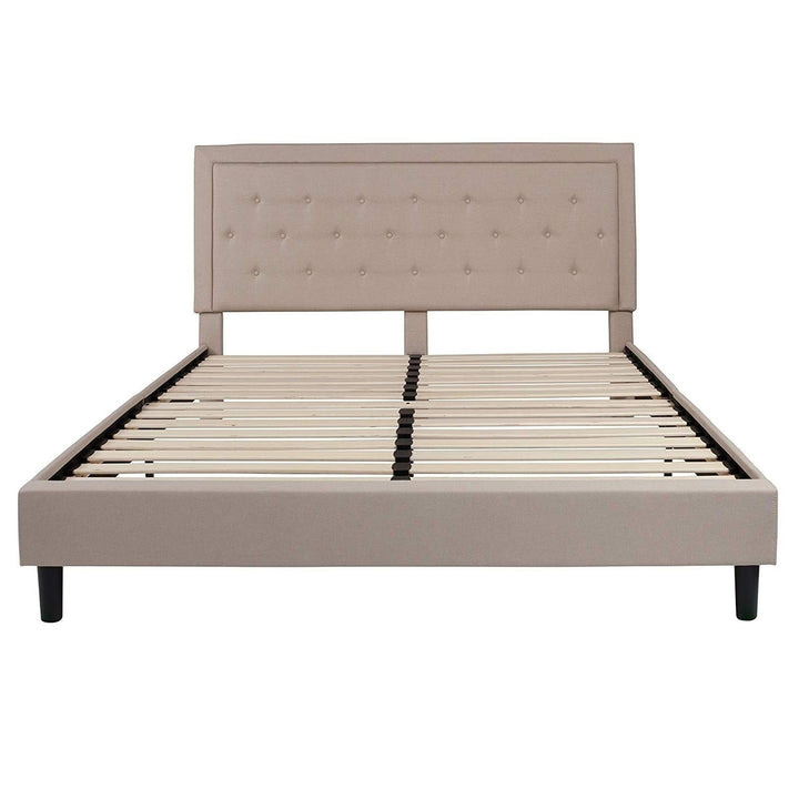 King Beige Upholstered Platform Bed Frame with Button Tufted Headboard Image 1