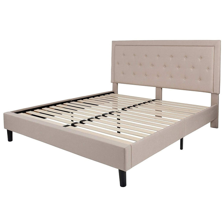 King Beige Upholstered Platform Bed Frame with Button Tufted Headboard Image 2