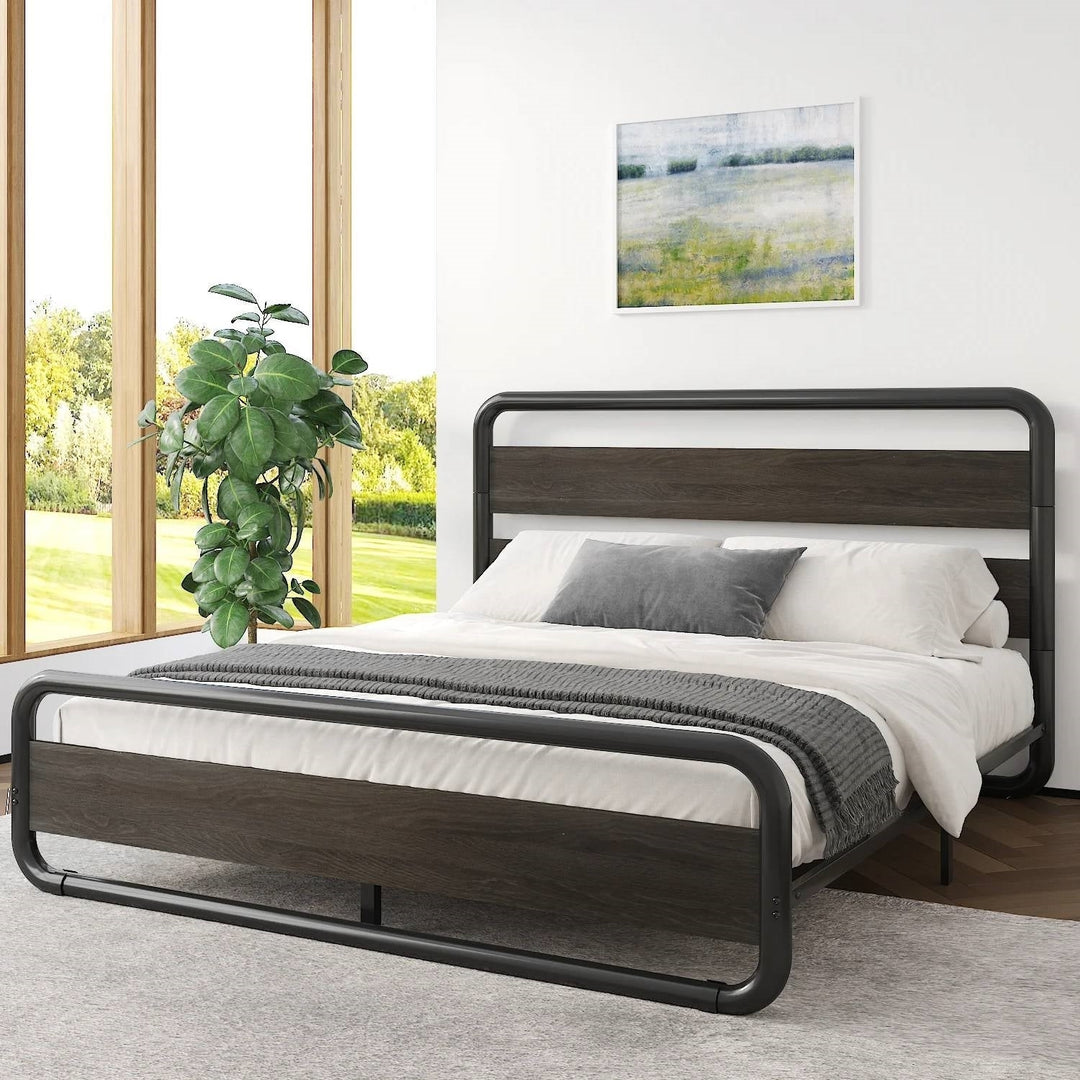 King Heavy Duty Round Metal Frame Platform Bed with Black Wood Panel Headboard Image 1