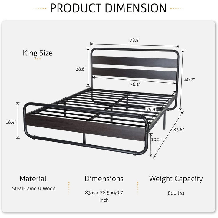 King Heavy Duty Round Metal Frame Platform Bed with Black Wood Panel Headboard Image 5