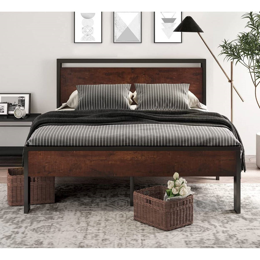 King Metal Platform Bed Frame with Mahogany Wood Panel Headboard Footboard Image 1